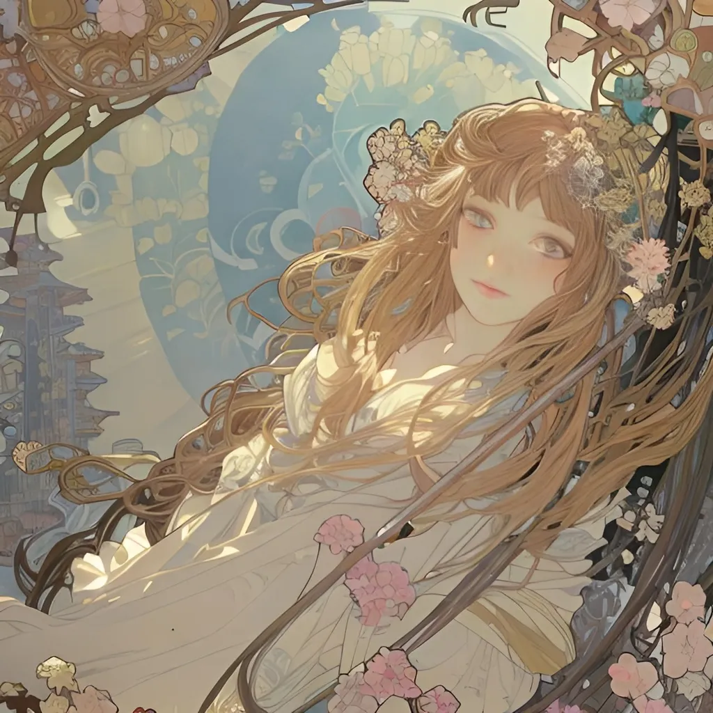 Prompt: Anne Anderson, Adrienne Segur, Alphonse Mucha　Japanese anime Sci-Fi Fantasy　Floating bed　teens girl　european castles　spring season hyperdetailed high resolution high definition high quality masterpiece