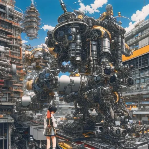 Prompt: Katsuhiro Otomo, Masamune Shirow, Surreal, mysterious, strange, fantastical, fantasy, Sci-fi, Japanese anime, beautiful high school girl in a miniskirt assembling a combat robot, small factory, girl who loves machines, perfect voluminous body, mad scientist, hyper detailed masterpiece, mechanical, cable and tubes, fine lines 