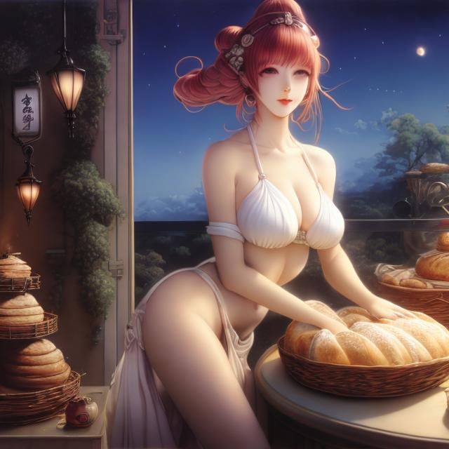 Prompt: Heath Robinson, Eric White, Mysterious, strange, surreal, bizarre, fantasy, Sci-fi, Japanese anime, baking bread by starlight, late night bakery, miniskirt beautiful girl baker, perfect voluminous body, detailed masterpiece 