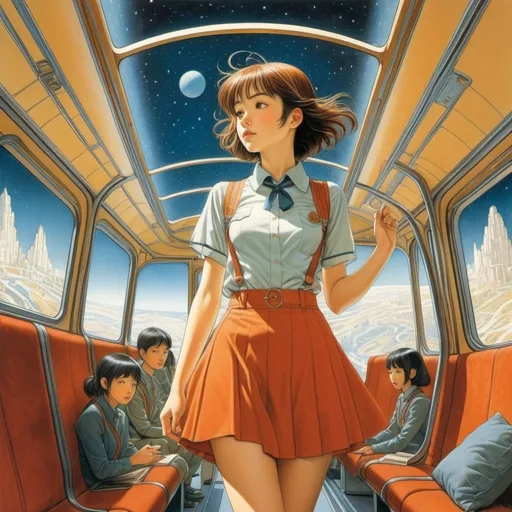 Prompt: François Schuiten, George Victor Du Noyer, Patrick Swift, Chiho Saito, Chris Riddell, Surrealism, wonder, strange, bizarre, fantasy, Sci-fi, Japanese anime, tram to Mars, unexplored map, falling stars, beautiful high school girl in miniskirt, perfect voluminous body, detailed masterpiece 