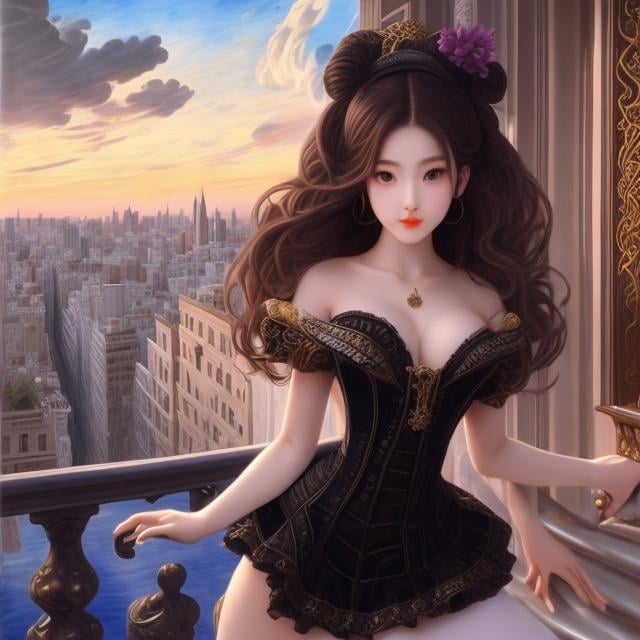 Prompt: Felix Lorioux, Tintoretto, Surreal, mysterious, strange, fantastical, fantasy, Sci-fi, Japanese anime, miniskirt beautiful female bard, perfect voluminous body, singing an epic poem on a street corner in NY, a galaxy in the blue sky, detailed masterpiece 