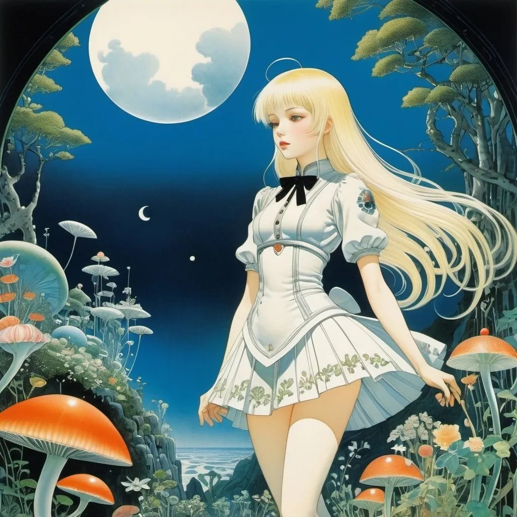 Prompt: Kay Nielsen, Shigeru hatsuyama, Hedda Sterne,  Aldo Di Gennaro, Taiyo Matsumoto, Annie Stegg Gerard, Surrealism Mysterious Weird Fantastic Fantasy Sci-fi, Japanese Anime, A planet of ocean and forest in a greenhouse A beautiful blonde miniskirt girl Alice who grows a planet, perfect voluminous body, detailed masterpiece 