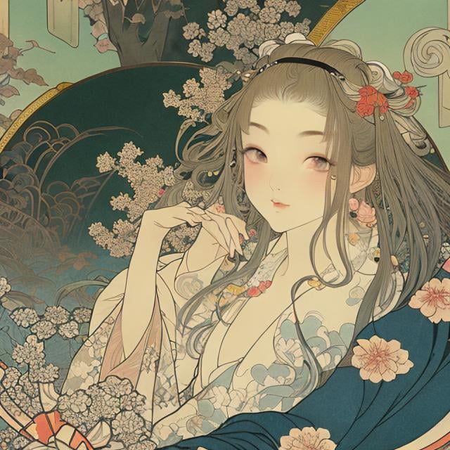 Prompt: Ukiyo-e style by Anne Anderson, Adrienne Segur, Alphonse Mucha　Japanese anime Sci-Fi Fantasy　Floating bed　teens girl　european castles　spring season hyperdetailed high resolution high definition high quality masterpiece hands drawn illustration 