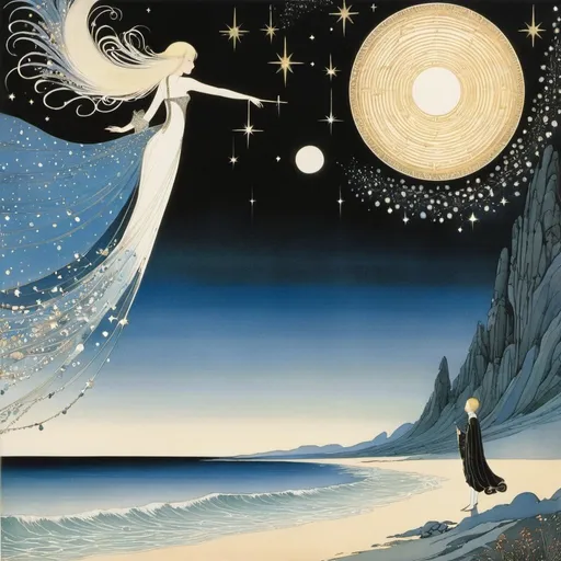 Prompt: Kay Nielsen, Patrick Woodroffe, Surreal, mysterious, strange, fantastical, fantasy, sci-fi, Japanese anime, I knew before I reached out that your hand would be waiting for me, I knew it even before I touched it, and when I touched it, I realized how big it was, The night's dream of grabbing a star feels strangely real, While I remember the words I couldn't say, you're already swimming in the next sky, detailed masterpiece 
