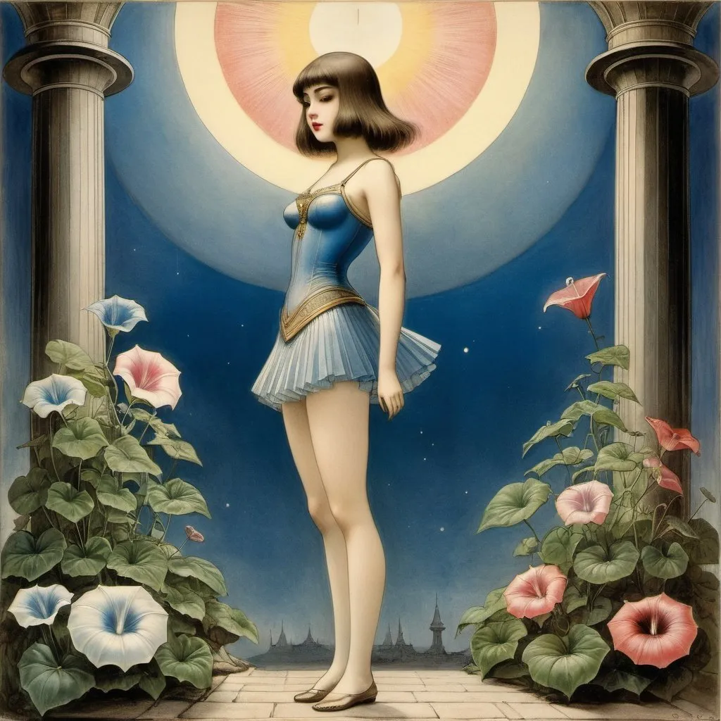 Prompt: Alfred Kubin Full colours, Olivia De Berardinis, Surreal, mysterious, strange, fantastical, fantasy, Sci-fi, Japanese anime, Temple of Flora, Mercury Morning Glory, Miniskirt Beautiful Girl, perfect voluminous body, detailed masterpiece 