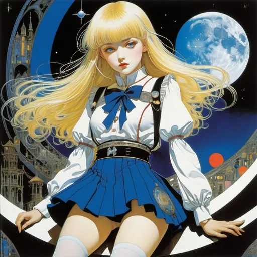 Prompt: Harry Clarke, Hajime Sorayama, Paul Berthon, Charles-Léonce Brossé, Wilhelm Dachauer, Surrealism Mysterious Weird Fantastic Fantasy Sci-Fi, Japanese Anime Alice, a beautiful blonde miniskirt girl from the people of darkness, perfect voluminous body, Flood in the classroom, Pendulum crescent moon, detailed masterpiece 