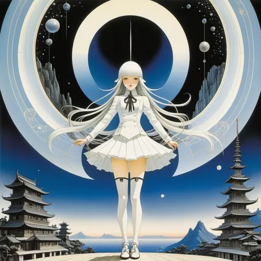 Prompt: Kay Nielsen, Edgar Ainsworth, Marion Adnams, Shigeru Tamura,Yumiko Ōshima,  Surrealism Mysterious Weird Fantastic Fantasy Sci-fi, Japanese Anime, Pi Moebius transformation of a miniskirt beautiful high school girl, perfect voluminous body, Complex curve and projective geometry, detailed masterpiece 