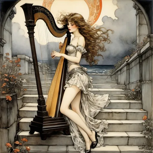 Prompt: Arthur Rackham, Bill Ward, Surreal, mysterious, strange, fantastical, fantasy, sci-fi, Japanese anime, sea of ​​flaming mercury, beautiful girl in miniskirt playing the harp, perfect voluminous body, stairs to the void, detailed masterpiece 