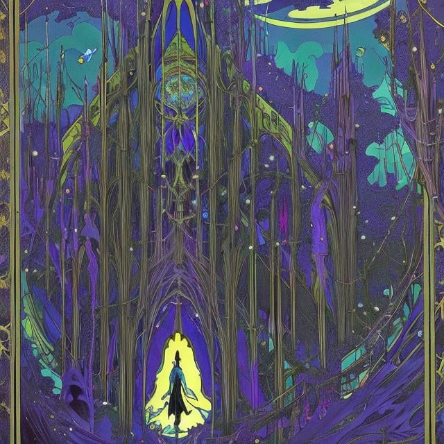 Prompt: Harry Clarke Anime　wondrous　strange　Whimsical　surreal　absurderes　fanciful　Sci-Fi Fantasy　Invited to the world of blue dreams　Planetarium Ghost Travel　Climb the Star Journey Boy Tower　Landscapes from different eras　Sleepless Boy Goes to Moon