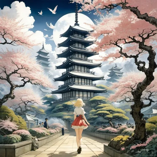 Prompt: Arthur Rackham, Hokusai, John Austen, Yoko Kamio, Sidney Meteyard, Surrealism, wonder, strange, fantastical, fantasy, Sci-fi fantasy, anime A tower of plants rises through a sea of ​​clouds. The giant Yoshino cherry tree in the glass dome greenhouse at the top is in full bloom. A beautiful blonde miniskirt girl, Alice, perfect voluminous body, enjoys cherry blossom viewing, detailed masterpiece 