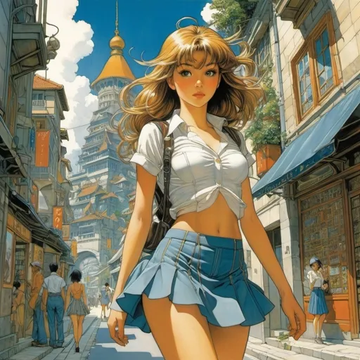 Prompt: Jean-Pierre Gibrat, Masamune Shirow, François Schuiten, Frank R. Paul, Yacine Elghorri, Surrealism, wonder, bizarre, fantastical, fantasy, Sci-fi fantasy, anime, a mini-skirt beautiful high school girl who collects fragments of glass words on street corners, perfect voluminous body, darkness full of moonlight, the sun beyond the night, a tower built up higher forever, detailed masterpiece 