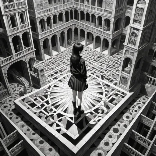 Prompt: M c Escher, Naoyuki Kato, Surreal, mysterious, bizarre, fantastical, fantasy, Sci-fi, Japanese anime, death of God, metaphysical painting, a plaza shrouded in silence, an endless road, a meaningless world, the lingering shadow of a beautiful girl in a miniskirt, perfect voluminous body, a machine called geometry, detailed masterpiece 