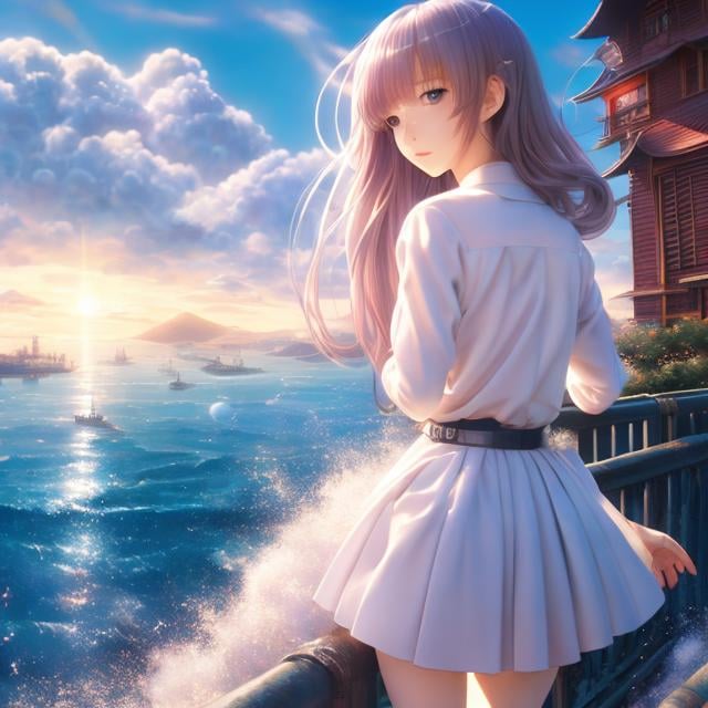 Prompt: Vladimir Kirin, Moto Hagio, Surreal, mysterious, strange, fantastical, fantasy, Sci-fi, Japanese anime, beautiful blonde miniskirt girl Alice on the wharf, perfect body, Lanling King initiation song, deep-sea fishing, alchemy, detailed masterpiece 