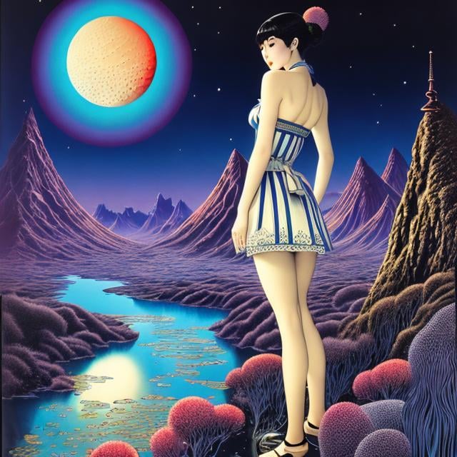 Prompt: Dugald Stewart Walker, Kiyoko Arai, Mysterious, strange, surreal, bizarre, fantasy, Sci-fi, Japanese anime, Bicycle trip of a beautiful girl in a miniskirt, perfect voluminous body, Around the world on the moon, detailed masterpiece 