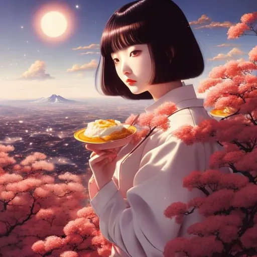 Prompt: Ewa Salamon, Katsuhiro Otomo, Surreal, mysterious, strange, fantastical, fantasy, Sci-fi, Japanese anime, quantum branching multiple realities, beautiful girl who wants to eat pudding, perfect body, night cafe, detailed masterpiece cinematic lighting 