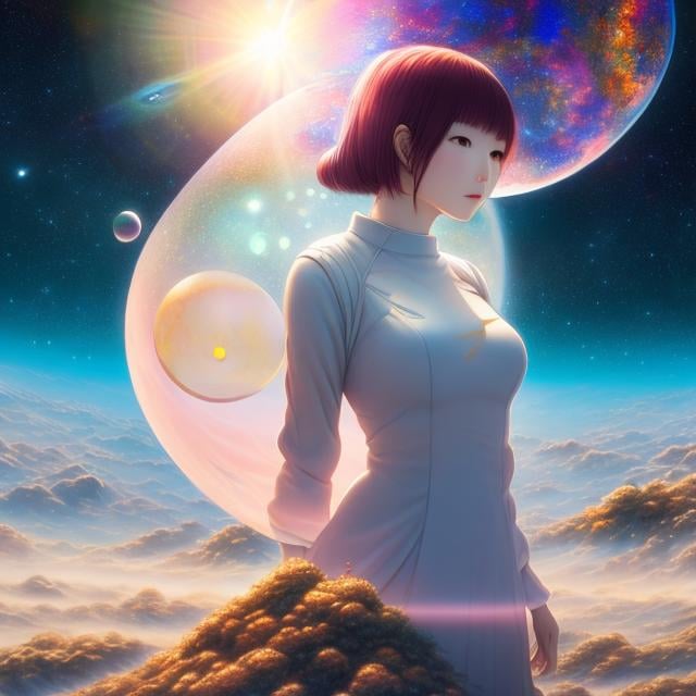 Prompt: Margaret Tarrant, Katsuhiro Otomo, Hiroshi Masumura, Surreal, mysterious, bizarre, fantastic, fantasy, sci-fi, Japanese anime, protoplanetary system, the disk and the earth, the true nature of the globules and bubbles, solo beautiful girl perfect voluminous body, we are made of stardust collected by the earth, the fate of Pangea and subsequent human exploration, hyper detailed masterpiece, high resolution definition quality, depth of field cinematic lighting 