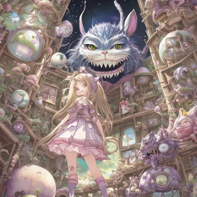 Prompt: Hayao Miyazaki Anime　surreal　wondrous　strange　Whimsical　fanciful　Sci-Fi Fantasy　Girl Alice　Study room at home　Door opens and the Cheshire Cat peeks in Hyper detailed high resolution high quality high definition masterpiece