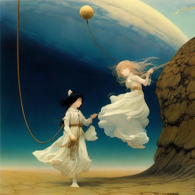 Prompt: John Bauer, Naoyuki Kato, Mysterious, strange, surreal, bizarre, fantasy, Sci-fi, Japanese anime, girls playing with jump rope, perfect voluminous body, space station, detailed masterpiece perspectives angles