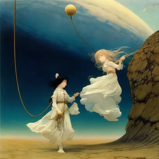 Prompt: John Bauer, Naoyuki Kato, Mysterious, strange, surreal, bizarre, fantasy, Sci-fi, Japanese anime, girls playing with jump rope, perfect voluminous body, space station, detailed masterpiece perspectives angles