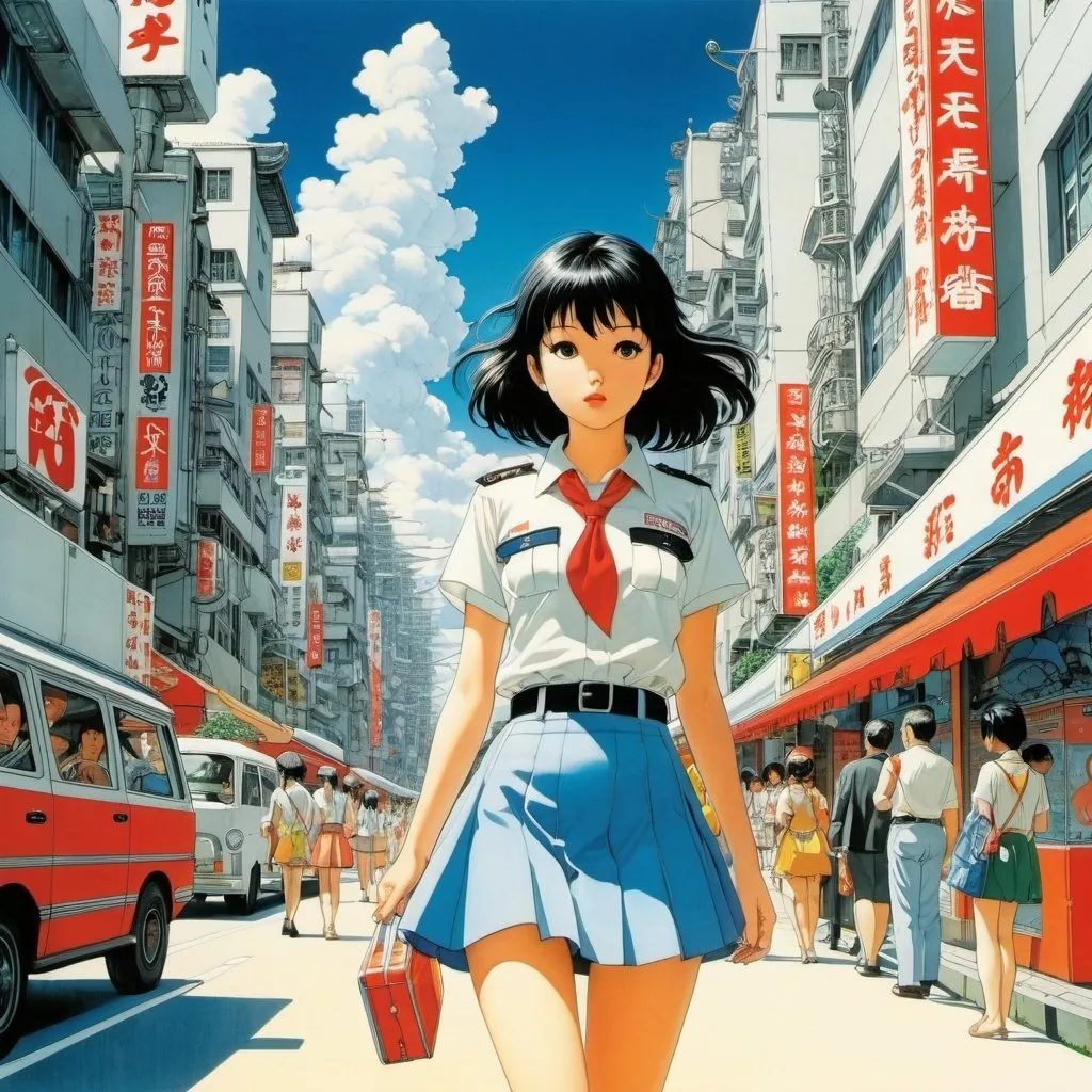 Prompt: Katsuhiro Otomo, Josef Liesler, Cyril Bouda, Hans Christiansen, Kozue Amano, Surrealism, wonder, strange, fantastical, fantasy, sci-fi, Japanese anime, a miniskirt spring beauty who goes to the end of the world to greet the summer that never comes, perfect voluminous body, carrying a lunch box, detailed masterpiece 