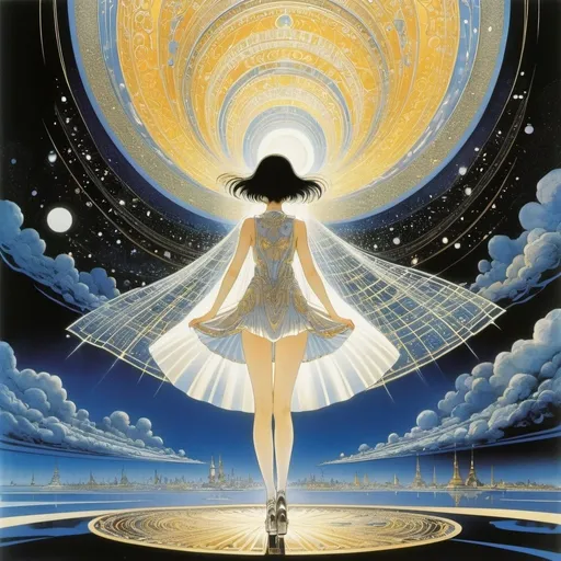 Prompt: Kay Nielsen, Noriyoshi Ohrai, Yuu Watase, Will Eisner, Léon Arthur Tutundjian, Surrealism, strange, bizarre, fantastical, fantasy, Sci-fi, Japanese anime, electric light, electromagnetic waves, automatic machines, aircraft, photographic technology, electric miniskirt magical beautiful girl, perfect voluminous body, detailed masterpiece 