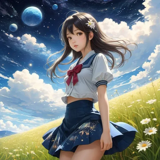 Prompt: J. J. Grandville, Takako Hirai, Surreal, mysterious, strange, fantastical, fantasy, Sci-fi, Japanese anime, crystal starry sky, miniskirt beautiful girl wearing unconventional clothes and listening to flowers, perfect voluminous body, summer grass, ships, clouds, detailed masterpiece 
