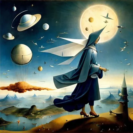 Prompt: Hieronymus Bosch, Gennady Spirin, Surreal, mysterious, strange, fantastical, fantasy, Sci-fi, Japanese anime, symbol of the heavens, origami spaceship, race to the moon, miniskirt beautiful girl, detailed masterpiece perspective angles 