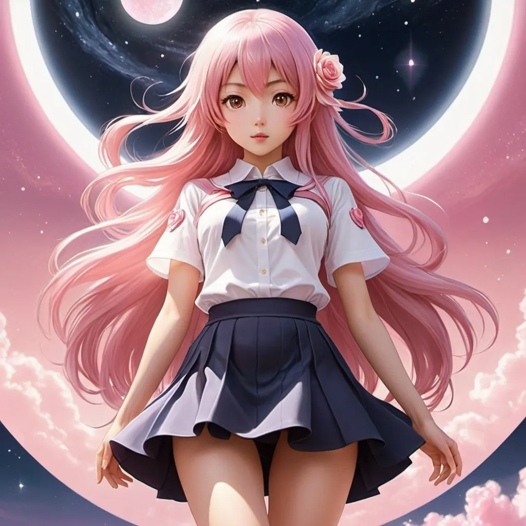 Prompt: Yumiko Igarashi, Surreal, mysterious, strange, fantastical, fantasy, Sci-fi, Japanese anime, pareidolia, midnight sun, rose quartz, miniskirt maiden in love, perfect voluminous body, detailed master Zoom in