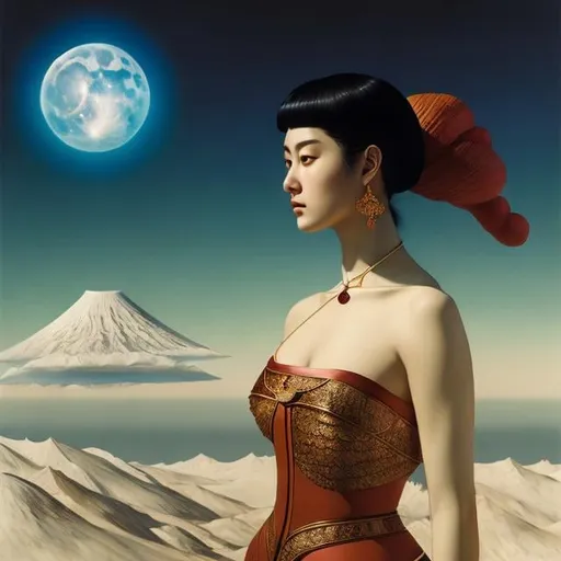 Prompt: Ilya Kabakov, Katsuya Terada, Surreal, mysterious, strange, fantastical, fantasy, Sci-fi, Japanese anime, shell of the moon, beautiful girl on the scales, perfect voluminous body, meridian, compass, detailed masterpiece bird’s eye views