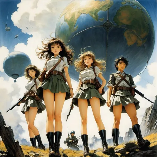 Prompt: Arthur Rackham, Tamara Alves, Graça Morais, Yoshikazu Yasuhiko, Hiroyuki Okiura, Surrealism Mysterious Weird Fantastic Fantasy Sci-fi, Japanese Anime, Miniskirt Beautiful Girl Airborne Troops,  Protecting the Earth, detailed masterpiece low high angles perspectives 