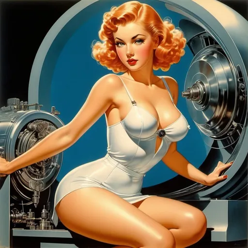 Prompt: Alberto Vargas, Mel Ramos, Vaughan Bass, Virgil Finlay, Surrealism, mysterious, bizarre, fantastical, fantasy, Sci-fi, Japanese anime, miniskirt beautiful servant girl used by a machine, perfect voluminous body, skin wet glistening, oil change, surface polishing, detailed masterpiece 