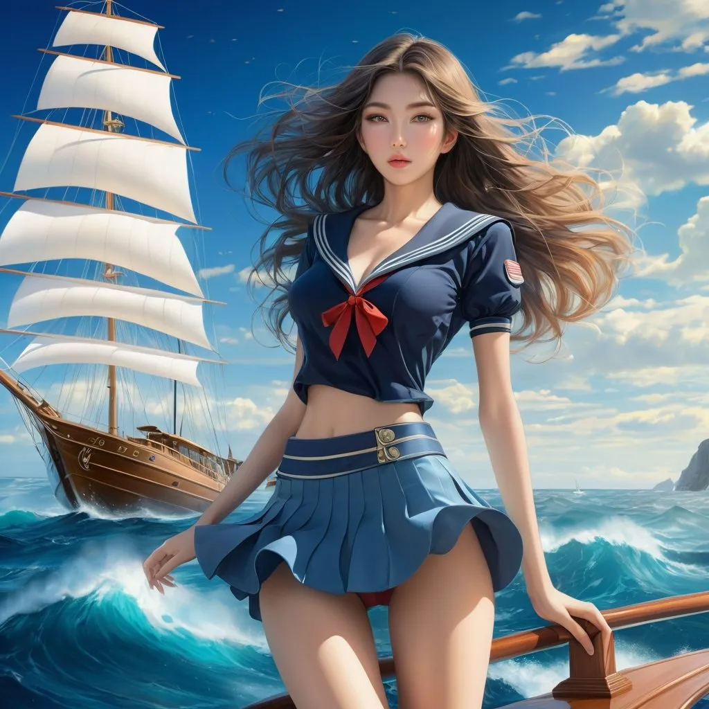 Prompt: Sulamith Wülfing, A E Marty, Surreal, mysterious, strange, fantastical, fantasy, Sci-fi, Japanese anime, sea of ​​books and stories, sailing yacht, miniskirt beautiful sailor, perfect body, detailed masterpiece 