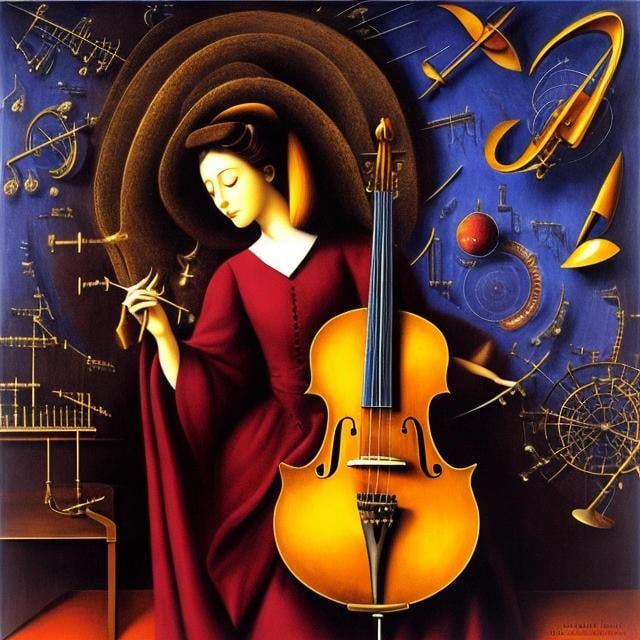 Prompt: Remedios Varo, Surreal, mysterious, strange, fantastic, fantasy, Sci-fi, Japanese anime, science of musical instruments, structure and mechanism that creates beautiful tones, music is the science of musical notation, acoustic science of concert halls, girl playing the violin, piano, wind instruments, universe of music, universal music, harmony and disharmony, detailed masterpiece