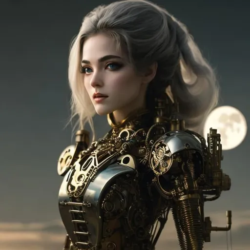 Prompt: Gary Frank, Rita Kernn-Larsen, Surreal, mysterious, strange, fantastical, fantasy, Sci-fi, Japanese anime, mechanical moon, mechanism, machine age beautiful girl, perfect voluminous body, detailed masterpiece 