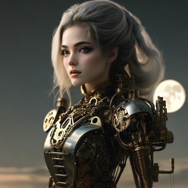 Prompt: Gary Frank, Rita Kernn-Larsen, Surreal, mysterious, strange, fantastical, fantasy, Sci-fi, Japanese anime, mechanical moon, mechanism, machine age beautiful girl, perfect voluminous body, detailed masterpiece 