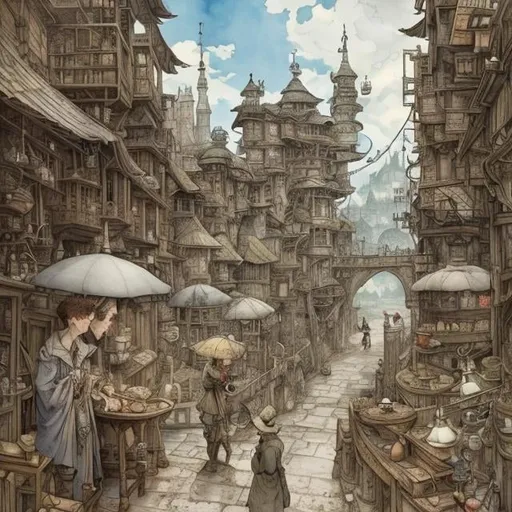 Prompt: Anton Pieck, Saul Steinberg, Coby Whitmore, Japanese anime Sci-Fi Fantasy　a beauty girl　Qiankun and Sub　Land of pulleys　Merchant and Alchemist's Gate Hyperdetailed High Definition High Resolution High Quality Masterpiece