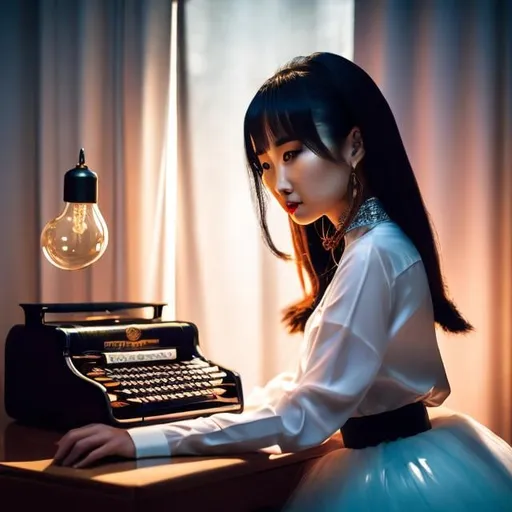 Prompt: John Amhurst Selby-Bigge, Keiko Takemiya, Surreal, mysterious, strange, fantastical, fantasy, Sci-fi, Japanese anime, typewriter, feather, glass bulb, miniskirt beautiful girl, perfect voluminous body, table clock, detailed masterpiece 