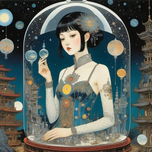 Prompt: Harry Clarke, Tadanori Yokoo, Yuko Shimizu, Adrienne Segur, Sydney Sime, Surrealism Mysterious Weird Fantastic Fantasy Sci-fi, Japanese Anime, Creating a Universe in a Glass Bottle, Physics Experiment, Miniskirt Beautiful High School Girl, perfect voluminous body, detailed masterpiece 