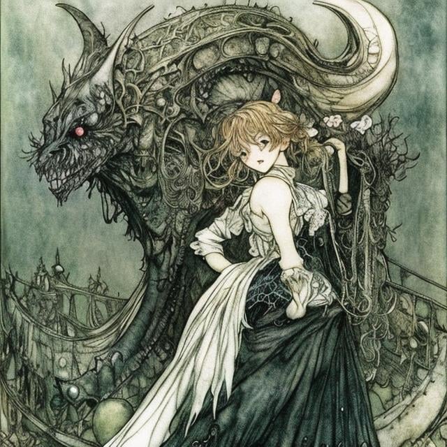 Prompt: Arthur Rackham Anime　surreal　wondrous　strange　Whimsical　absurderes　fanciful　Sci-Fi Fantasy　Black Museum Crescent Moon、Dance with the monster　Beautiful blonde girl in maid clothes