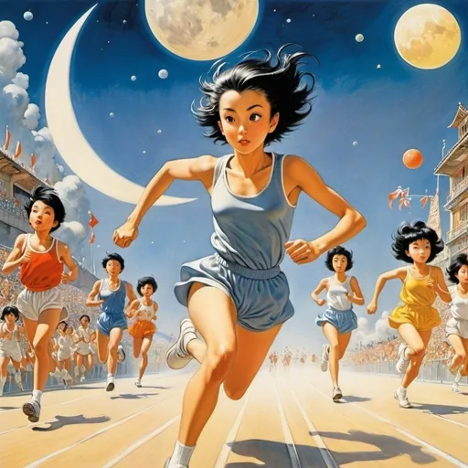 Prompt: André Franquin, Patrick Woodroffe, Leonora Carrington, Naoko Takeuchi, Margaret Tarrant, Surrealism, wonder, strange, bizarre, fantasy, Sci-fi, Japanese anime, Sports day on the other side of the moon, short-haired boyish beautiful girl in gym clothes running in the baton relay, perfect voluminous body, detailed masterpiece 