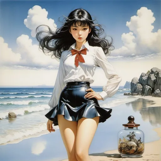 Prompt: Arthur Rackham, Sachiko Kamimura, Hajime Sorayama, Susan nature, PAUL ORBAN, Surrealism Mysterious Weird Fantastic Fantasy Sci-Fi, Japanese Anime, Automata Platenodon, Beach in a Glass Bottle, Miniskirt Beautiful High School Girl, perfect voluminous body, detailed masterpiece 