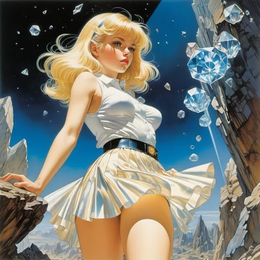 Prompt: Wyndham Payne, Mervyn Peake full colours, Else Wenz-Vietor, Hajime Sorayama, Masamune Shirow, Surrealism, wonder, strange, fantastical, fantasy, Sci-fi, Japanese anime, picture book line of sight and space, beautiful blonde miniskirt girl Alice observing the formation of crystals, perfect voluminous body, detailed masterpiece 