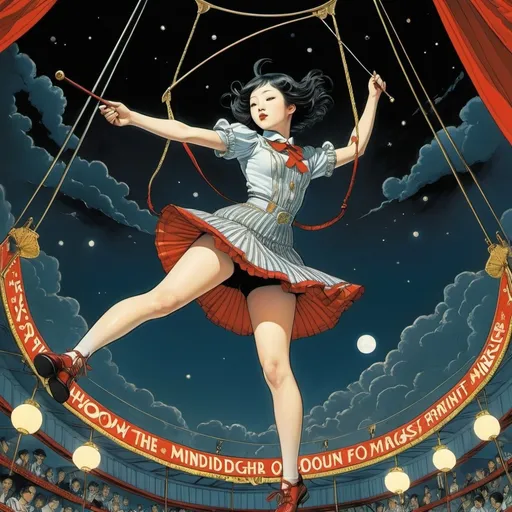 Prompt: Hannes Bok, Virgil Finley, Yuko Shimizu, Sydney Sime, Franz Sedlacek, Surrealism, wonder, strange, bizarre, fantasy, Sci-fi, Japanese anime, the shadow of the midnight moon, the circus that emerges from the darkness, the miniskirt beautiful high school girl's trapeze, perfect voluminous body, detailed masterpiece 