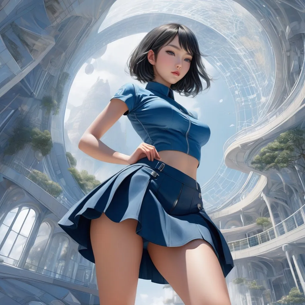 Prompt: Aya Nakahara, Vladimir Tatlin, Surreal, mysterious, strange, fantastical, fantasy, Sci-fi, Japanese anime, paradise blueprint, blueprint, miniskirt beautiful girl, perfect voluminous body, perspective view, cross-sectional view, perspective, architectural drawing, detailed masterpiece perspectives angles