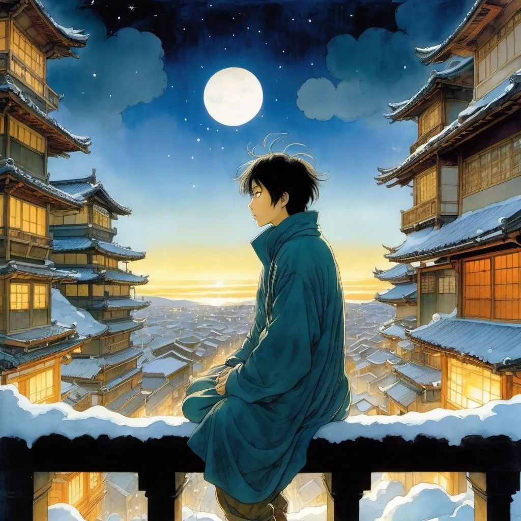 Prompt: Masakazu Katsura, Charles Vess, Surreal, mysterious, bizarre, fantastic, fantasy, sci-fi, Japanese anime, sleeping in the quiet winter blues, this city's New Year's Day, the morning light falling endlessly on the earth, the feelings in my turbulent heart that I almost forgot about, the boy accelerating and looking up at the loose sky, beautiful girl perfect body, detailed masterpiece 