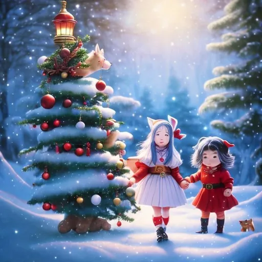 Prompt: Mabel Attwell, Keiko Takemiya, James Jean, Surreal, mysterious, strange, fantastical, fantasy, sci-fi, Japanese anime, dwarfs carrying a Christmas tree, beautiful blonde miniskirt girl Alice preparing for Christmas, perfect voluminous body, along with the reindeer, detailed masterpiece 