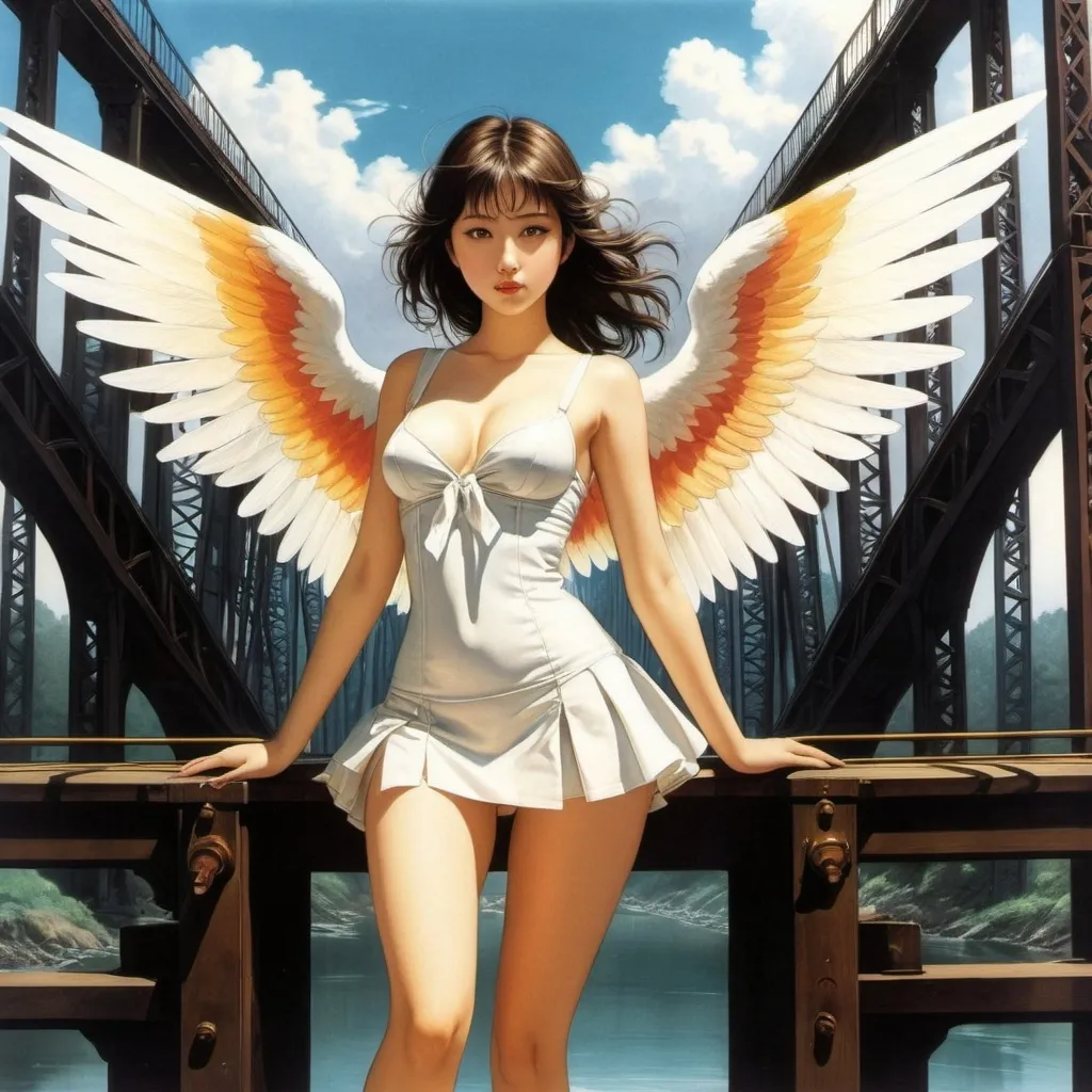 Prompt: Maximilian Liebenwein, Kenji Tsuruta, kore yamazaki, Lorenzo Petrantoni full colours, Rafał Olbiński, Surrealism, mysterious, bizarre, fantastical, fantasy, Sci-fi, Japanese anime, beautiful angel in a miniskirt standing by the bridge, perfect voluminous body, from a hand-colored copperplate print, the industrial revolution and the discovery of electricity, detailed masterpiece 