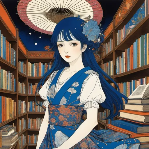 Prompt: Harry Clarke, Rita Petruccioli, Bianca Bagnarelli, Hokusai, Surrealism, wonder, strange, bizarre, fantasy, Sci-fi, Japanese anime, traveling machines, the future of bookstores in Wunderschrank, the search for the ore of knowledge, the day when a beautiful high school girl in a miniskirt learns picturesque, perfect voluminous body, detailed masterpiece surprise 