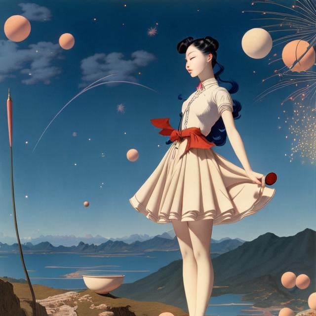 Prompt: James Jean, Virginia Frances Sterrett, Surreal, mysterious, strange, fantastical, fantasy, sci-fi, Japanese, anime, beautiful high school girl in a miniskirt, perfect voluminous body, firing fireworks towards the moon, wide angles detailed masterpiece 