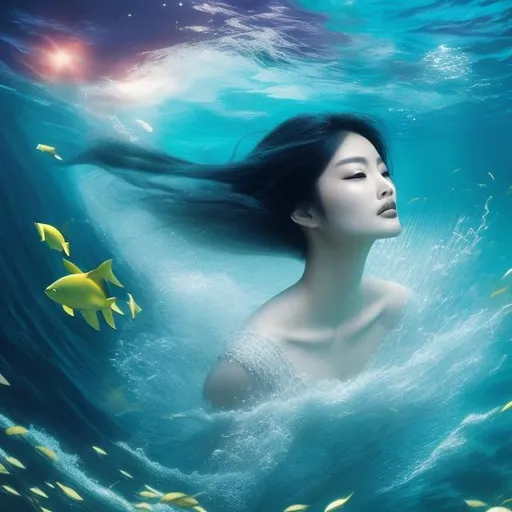 Prompt: Takako Hirai, Mark Tansey, Surreal, mysterious, strange, fantastical, fantasy, Sci-fi, Japanese anime, walking under the sea, beautiful girl, long hair swaying underwater, several streaks of light shining from the sea surface, detailed masterpiece 